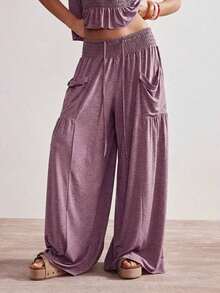 BohoFeels Set de 2 piezas: Camiseta de punto holgada de cuello redondo de unicolor y pantalones anchos de cintura alta para mujer - Púrpura polvoriento - Ver 11