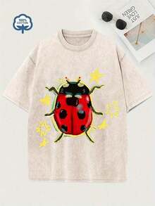 Washed Apricot Unisex Tee, Star & Ladybug Print, Vintage Distressed Style, Premium Fabric, Summer Graphic Top, Ideal For Daily Wear & Holiday Gifts - 杏色 - 查看 14