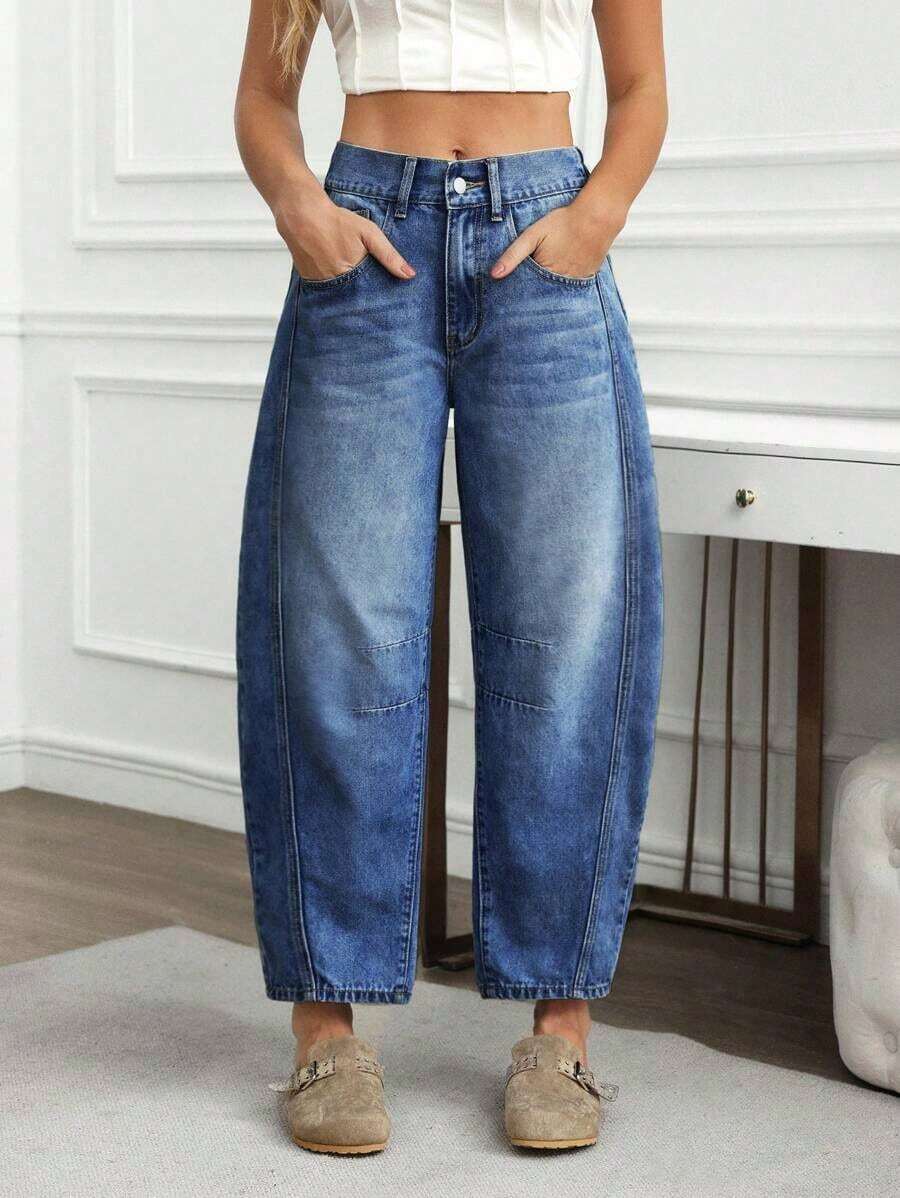 Jeans informales desgastados y desgastados, con ajuste de novio para mujer - Azul lavado oscuro - Ver 1