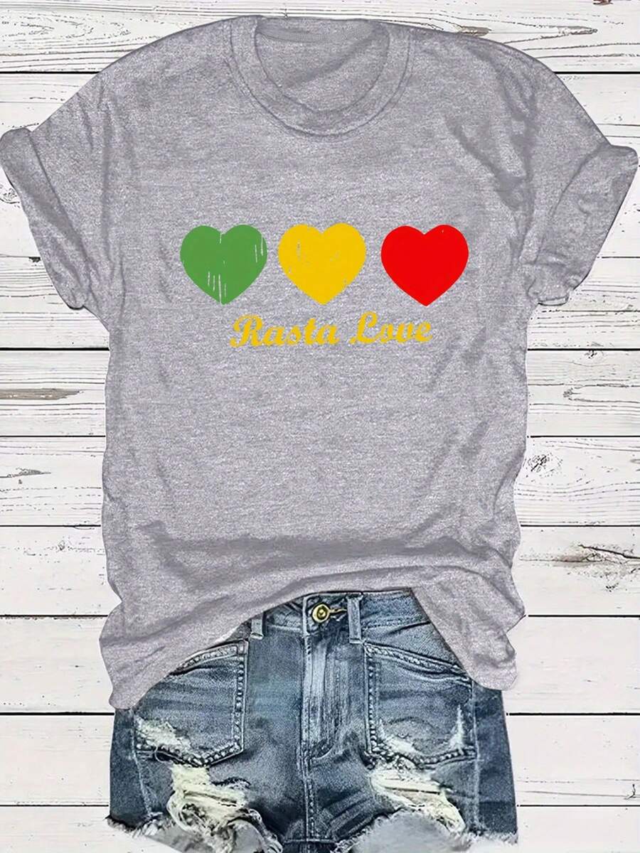 Plus Size - Plus Size - Loose-Fitting Short-Sleeved T-Shirt With Lettering And Hearts, Perfect For Casual Wear In Spring And Summer, Available In Plus Sizes For Women. - 淺灰色 - 查看 1