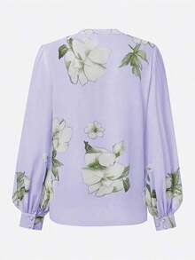 Blusa de gasa con estampado floral elegante, cuello alto y mangas farol - Morado - Ver 2