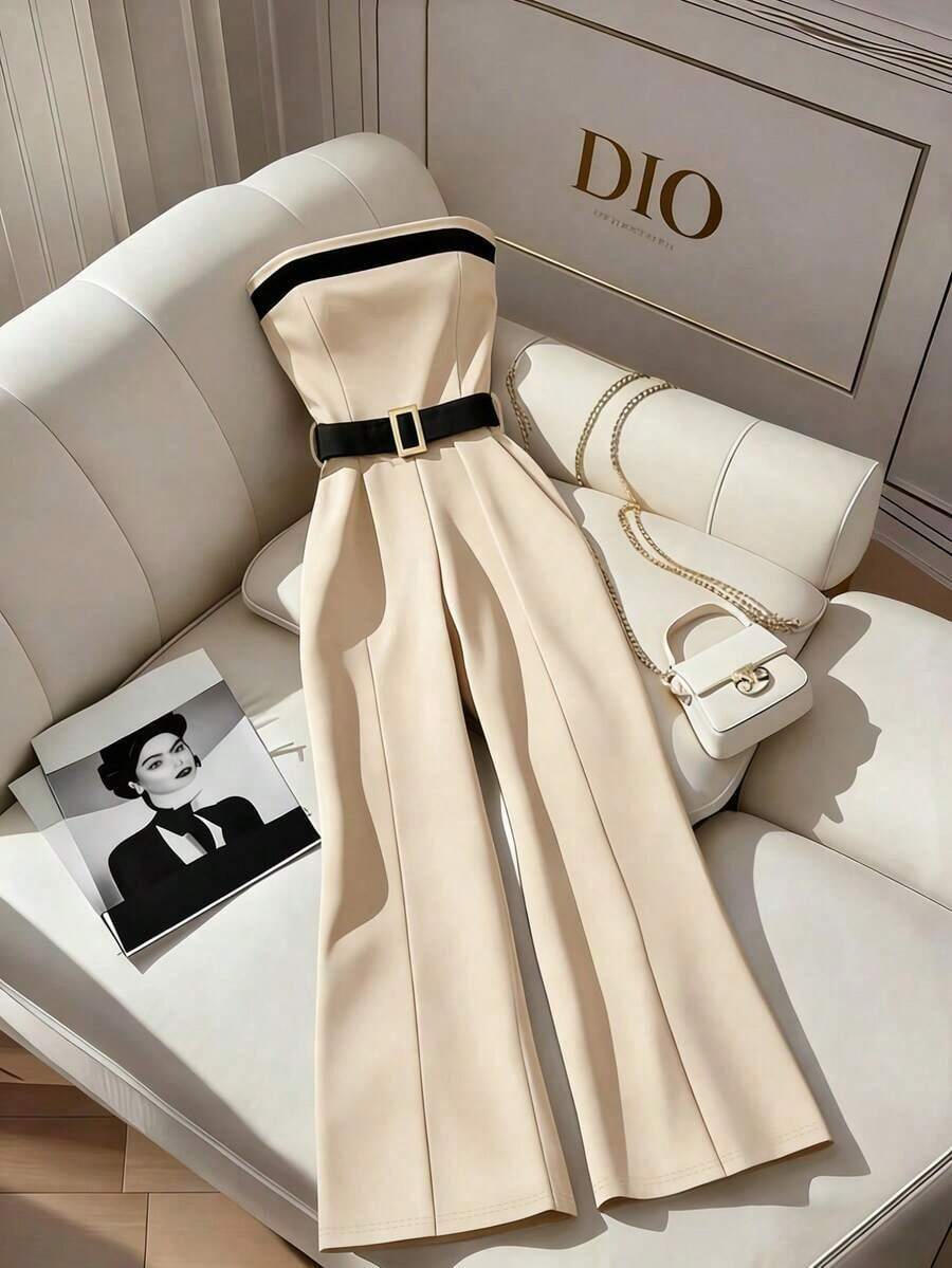 Mono sin tirantes de pierna ancha con hebilla metálica y ribete de contraste para mujer, mono formal elegante de lujo y alta calidad para mujer - Albaricoque - Ver 1