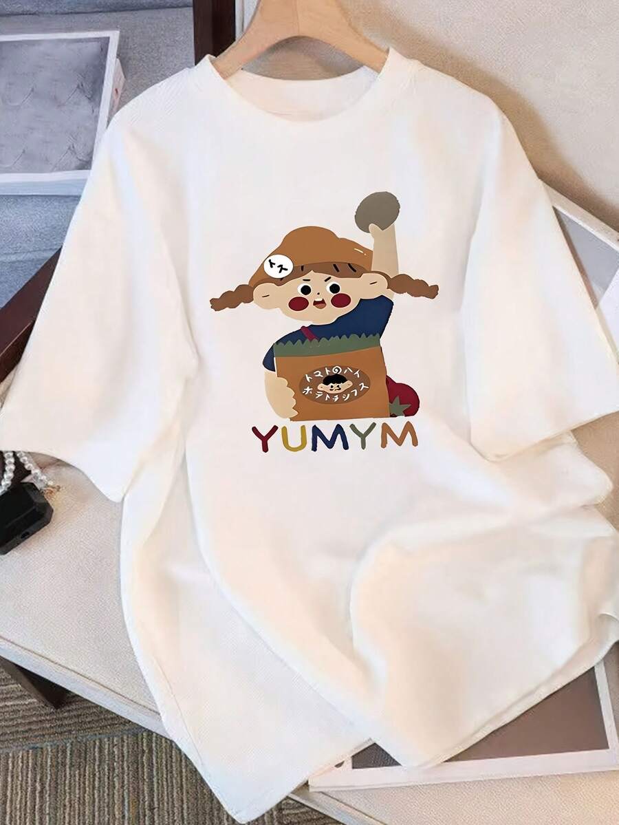 Camiseta de mujer% algodón, camisetas vintage de algodón para mujer, de manga corta, diseño único con estampado, nuevo estilo de verano 2026, corte holgado, manga media, top adelgazante para estudiantes y damas. - Blanco - Ver 1