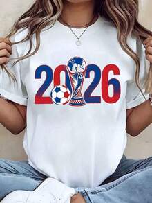Camiseta de Mujer, Camiseta de Moda con Estampado de Trofeo de la Copa del Mundo y Balón de Fútbol, Cuello Redondo, Corte Estándar, Ropa Casual, Idea de Regalo para Aficionados al Fútbol, 220g, playeras de mujer - Negro - Ver 6