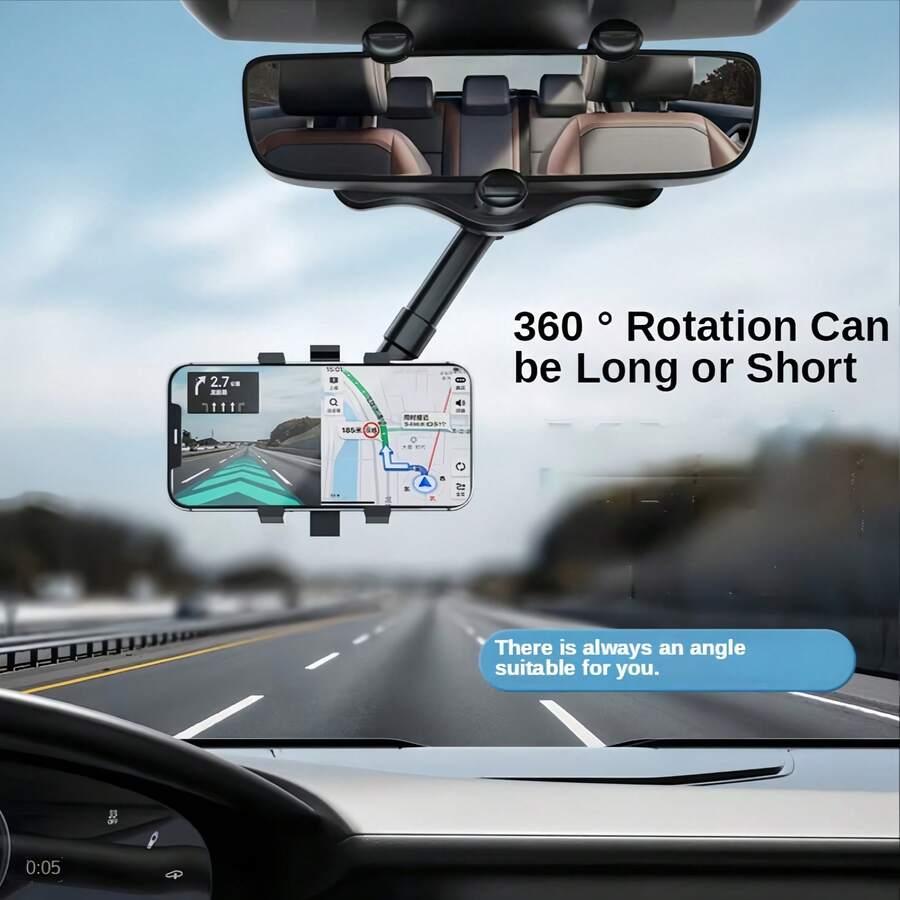 1pc Multi-Function Adjustable 360° Rotatable Rearview Mirror Car Phone Mount Holder, For Driving, Extendable Phone Bracket Essential Car Accessory Compatible With IPhone, Android Phone, Gift For Birthday, Family, Friends Car Accessories, Car Phone Holder - Black - View 1
