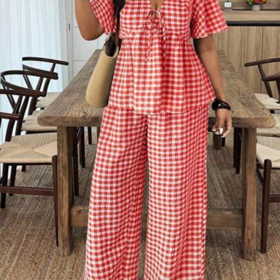 2pcs Plus Size Women Set: Plaid Tie Front Short Sleeve Shirt And Wide Leg Pants - Rojo - Ver 1