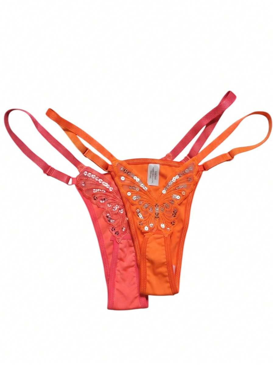 Butterfly Panties Kit 2 Microfiber Thong Lingerie Sexy Sensual Adjustable G-String - Rosa neón y naranja neón - Ver 1