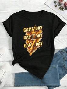 Game Day Lightning Football Women's Crew Neck Loose Fit Casual Relaxed Fit Art Print T-Shirt woman Todo tipo de impresiones, chaqueta, camiseta de cuello redondo, casual, para oficina, para viajar, muy popular, viento deportivo, estampado/patrón, camiseta de algodón 100%, camiseta casual, cómoda, suave, transpirable The latest popular bestseller - Negro - Ver 3