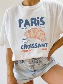 1 pieza Camiseta Paris Croissant Camiseta Francesa Estilo Ciudad Chica Camiseta de Algodón de Alta Calidad Amante de la Repostería Francesa Camiseta Vintage de París Streetwear de los 80 180g 100% Algodón, los diseños están impresos. Unisexo. - Blanco - Ver 5