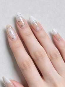 10 piezas de pegatinas de uñas estilo Y2K lindas y geniales hechas a mano, uñas postizas portátiles, calcomanías de uñas removibles, pegatinas de uñas acrílicas, forma de uña ovalada larga, estilo minimalista lindo, estrella de cinco puntas pintada a mano con lazo, perla, ojo de gato, estilo francés, adecuadas para festivales, Año Nuevo, Día de San Valentín, citas, fiestas, vacaciones, uñas postizas hechas a mano - Multicolor - Ver 5