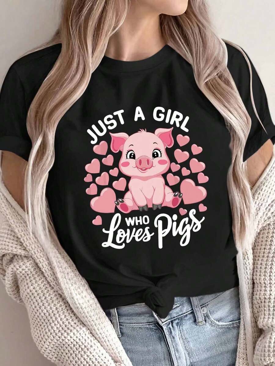 Camiseta de manga corta con cuello redondo y estampado de cerdito, estilo europeo y americano, suéter deportivo para mujer. - Negro - Ver 1