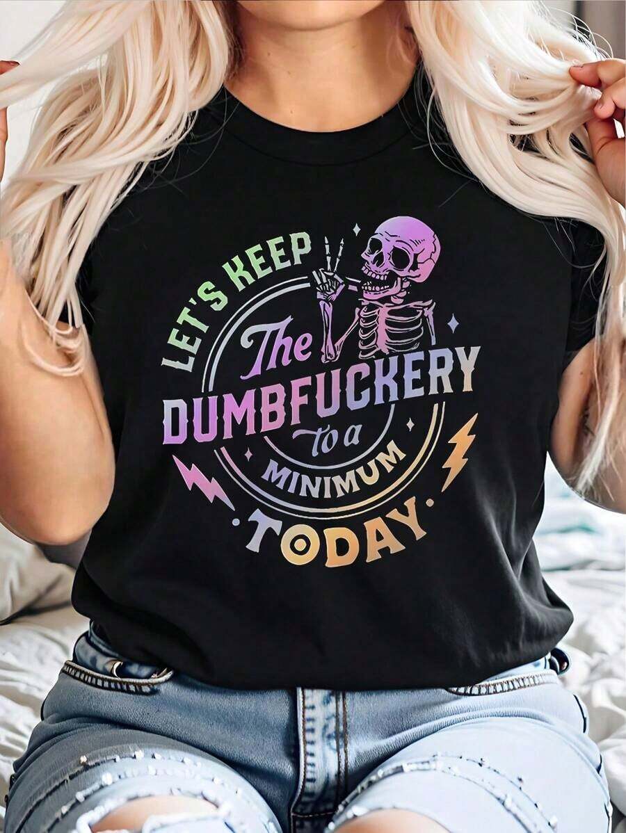 MOOSTA Camiseta Minimalista de Talla Grande con Cuello Redondo y Manga Corta, Estampado de Letras, para Uso Diario en Verano - Negro - Ver 1
