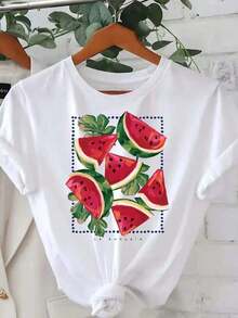 Camiseta de Verano para Mujer - Camiseta casual de manga corta y talla grande para mujer - Camiseta gráfica de verano con estampado de sandía, cuello redondo, transpirable, lavable a máquina, ajuste cómodo para uso casual, adecuada para salidas al aire libre y uso urbano, unisex. - Blanco - Ver 8
