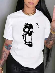Camiseta deportiva holgada de manga corta y cuello redondo para mujer con diseño de calavera sorprendida - Blanco - Ver 2