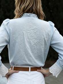 Spring/Summer New Arrival French Style Light Blue Striped Lace Patchwork Hollow Out Collar Blouse For Women - Light Wash - View 2