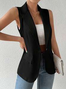 Blazer sin mangas de estilo elegante de color verde oliva para mujer, chaleco casual con solapa y botón en tela tejida lisa, corte regular - Negro - Ver 7
