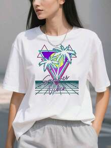Estampado Gráfico Camiseta Mujer Algodón Ligera VeranoSUMMER-VIBES-Beach-Surf-Retro-80s-Vaporwave-Aesthetic-Style-T-ShirtOversize Camiseta Mujer Estampado 100% Algodón Puro - Blanco - Ver 3