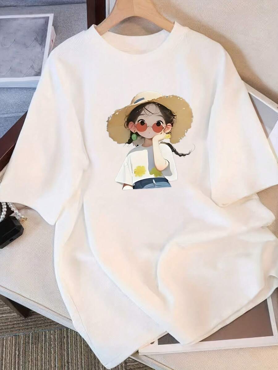 Women's Minimalist Casual Summer T-Shirt, Pure Cotton, Loose Round Neck, Versatile Women's Clothing, Comfortable Casual T-Shirt For Young Girls, Fashionable Short Sleeve Tops For Everyday Wear - 白色 - 查看 1