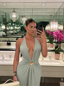 Vestido largo fiesta mujer cuello halter escote V profundo espalda descubierta cintura ajustada estilo europeo elegante - Verde - Ver 3