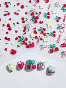 2 piezas Pegatinas de arte de uñas con forma de corazón de cereza, con diseños de cereza, corazón y lazo, minimalistas y frescos, adecuados para reuniones diarias y manicura DIY, libera tu imaginación para crear un adorable arte de uñas de cereza - Multicolor - Ver 8