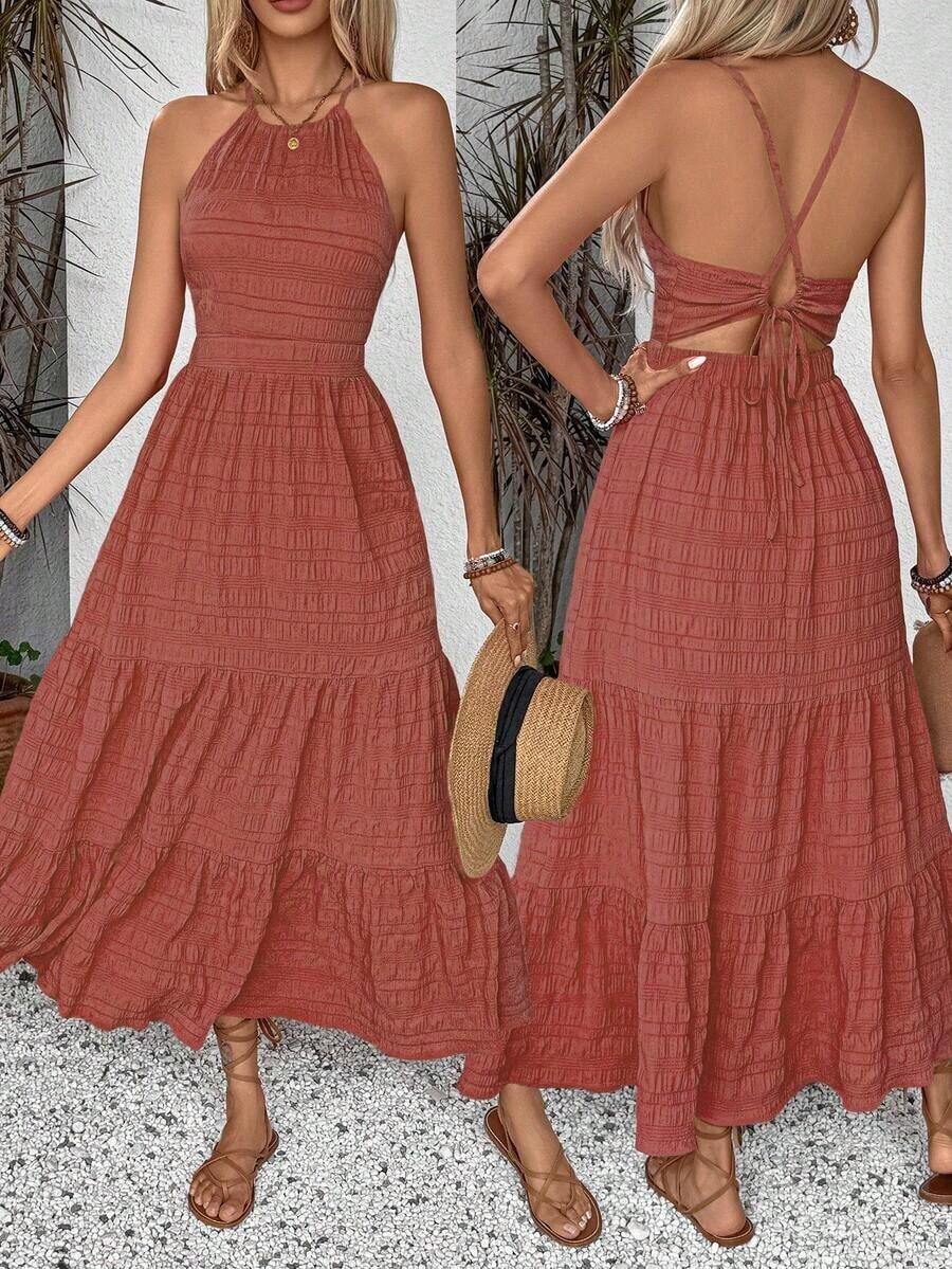 Vestido de verano con textura para mujer con unicolor, tirantes en la espalda y volante en el bajo, perfecto para looks de vacaciones, vestido largo para vacaciones y playa - Color caoba - Ver 1
