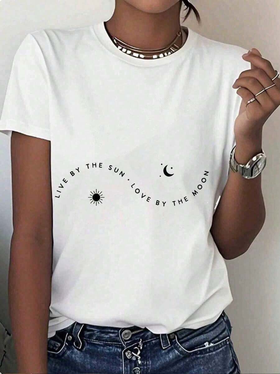 Women's "Live By The Sun, Love By The Moon" Graphic T-Shirt, Casual Short Sleeve, Minimalist Design For Everyday Wear, Boho Style, Summer Top - 白色 - 查看 1