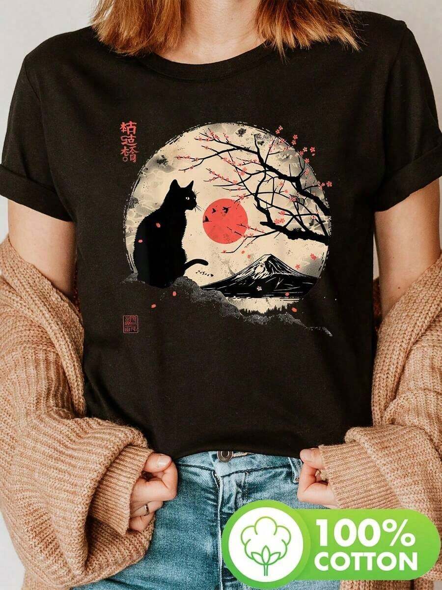 Under The Radar Women's - Black Printed T-Shirt - Casual Short Sleeve Round Neck Blouse, Semi-Sheer Top With Black Details, Washable Casual Spring And Summer Clothes, Anime Outfits And For Mixing And Matching (Regular Length) - Unisex Vintage Urban Style Loose Cotton Round Neck Short Sleeve T-Shirt - 黑色 - 查看 1
