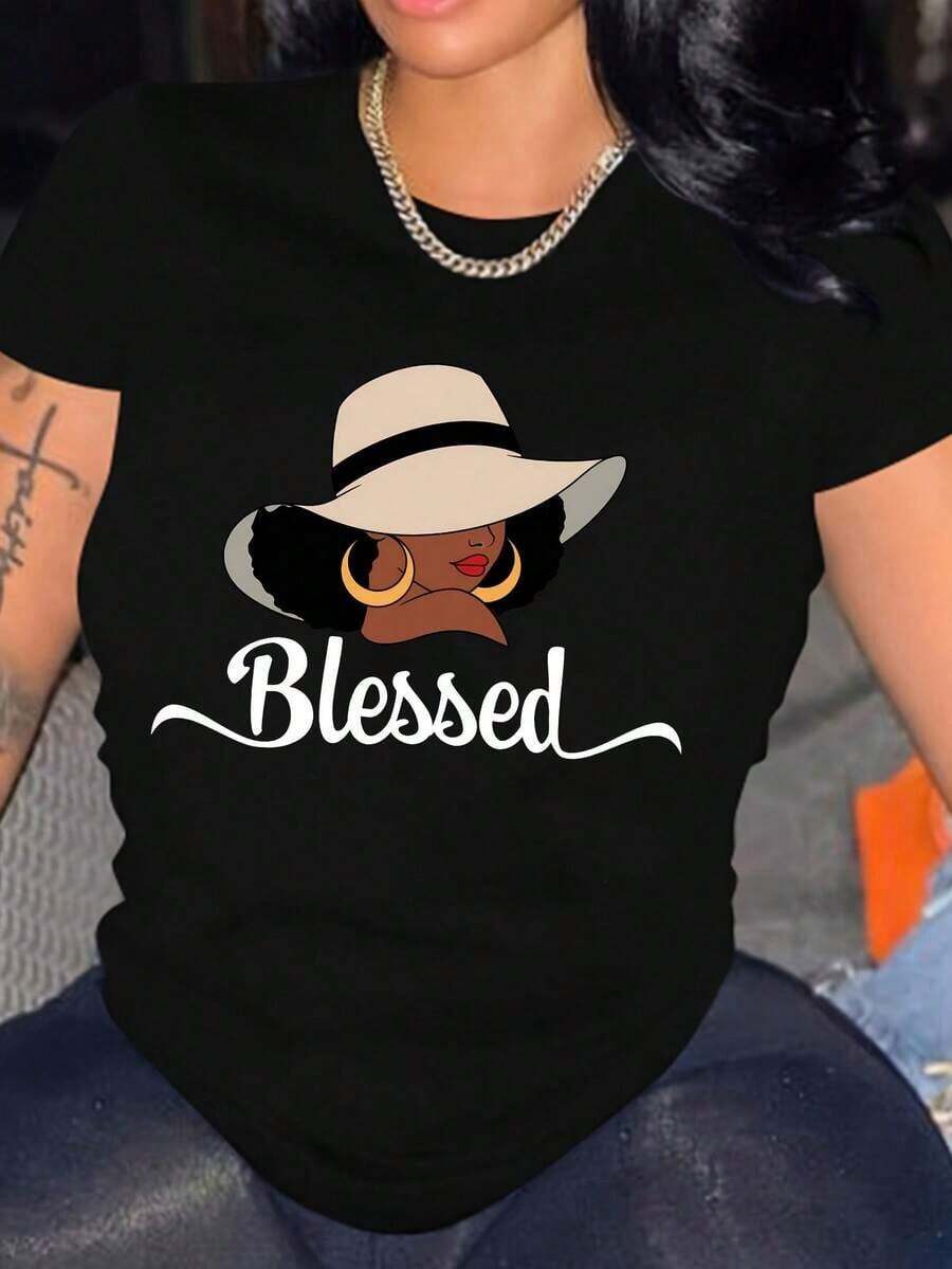 Diseñada para mujeres modernas, elegantes y cómodas. Camiseta de mujer con estampado de retrato, top casual de manga corta y cuello redondo para primavera y verano, ropa de mujer, artículos para chicas. Confeccionada con tela suave y transpirable de primera calidad, diseñada para ofrecer comodidad durante todo el día y uso diario versátil, perfecta para salidas informales. - Negro - Ver 1