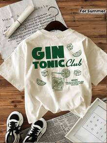 Women's Clothing, Spring/Summer Casual Double-Sided Print T-Shirt, Hand-Painted Style With  Design, Lemon Slice, GIN TONIC Club RECIPE, 0.85oz GIN Pattern, Round Neck, Short Sleeve, Solid Color, Fashionable Women's T-Shirt, Women's Shirts. - 杏色 - 查看 6