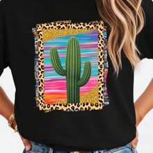 Bohemian Women's T-Shirt With Cactus And Leopard Print - Loose Fit Short Sleeve Summer T-Shirt With Cactus And Rainbow Stripe Design, Breathable, Casual, Black With Shiny Gold Trim (Machine Washable) - Loose H-Cut, Ideal For The Beach - 黑色 - 查看 6