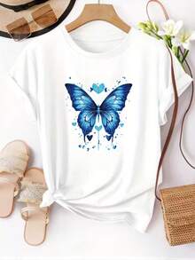 Camiseta de manga corta con estampado de mariposas para mujer - Blusa casual de cuello redondo adecuada para uso diario en primavera y verano, lavable a máquina, sin mangas, con diseño de mariposas para oficina, picnic y atuendos cotidianos - Camiseta unisex de estilo vintage urbano, holgada, de algodón, de manga corta y cuello redondo. - Blanco - Ver 1