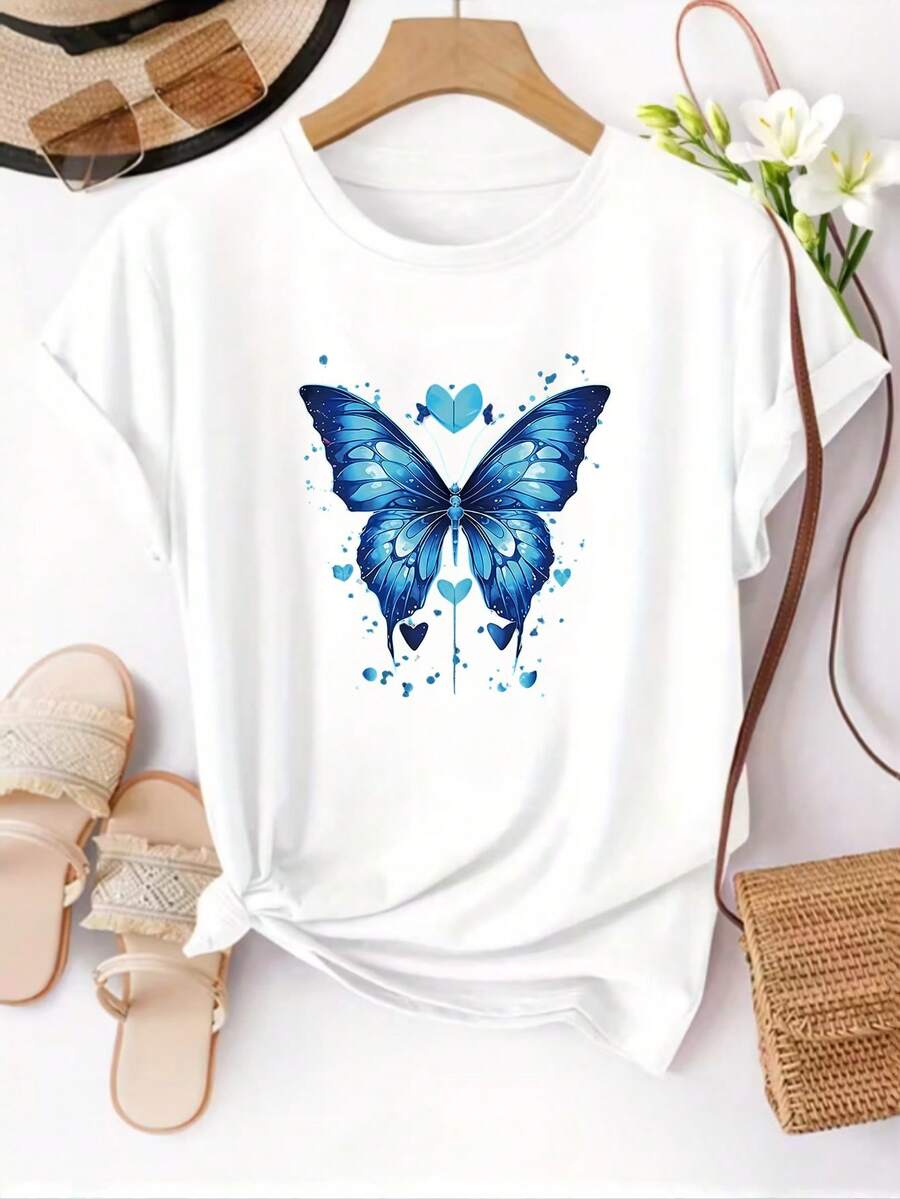 Camiseta de manga corta con estampado de mariposas para mujer - Blusa casual de cuello redondo adecuada para uso diario en primavera y verano, lavable a máquina, sin mangas, con diseño de mariposas para oficina, picnic y atuendos cotidianos - Camiseta unisex de estilo vintage urbano, holgada, de algodón, de manga corta y cuello redondo. - Blanco - Ver 1