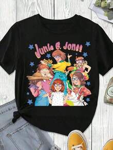 Blouses > Cute White T-Shirt With Character Print And Junie B. Jones Text, Casual Summer Clothing For Women And Girls, Spring And Summer Season 100% Cotton Casual Blouses For Women - 黑色 - 查看 3