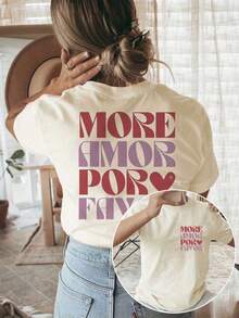 [Double-Sided Print] More Amorpor Favor Heart Letter Print Short-Sleeve Cotton T-Shirt - Unisex Vintage Urban Style, Loose Fit Short-Sleeve Cotton T-Shirt With Round Neck - 杏色 - 查看 6