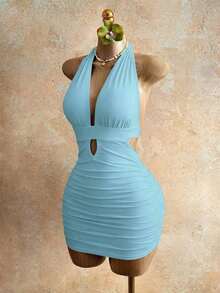 Vestido mini sexy de fiesta con cuello halter y lazo de unicolor para mujer - Azul - Ver 4