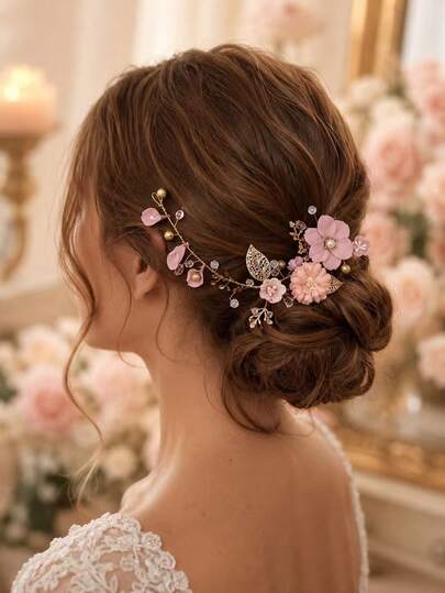 1pc Elegant Flower & Golden Leaf Headband, Comes With Hair Clip, Bridal Hair Accessory, Bohemian Style Hair Wreath, Wedding Dress Headpiece, Pink Headband, Wedding Gown Hair Tie, Bride Wedding Hair Decor