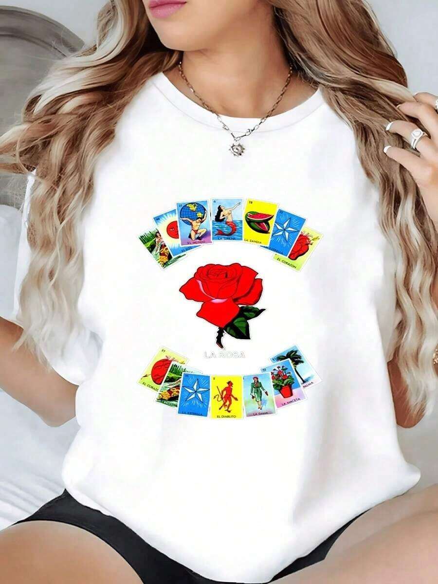 Rosa rodeada de cartas tradicionales de lotería mexicana que simbolizan amor suerte y vida colorida camiseta para mujer 100% algodón 220g - Blanco - Ver 1