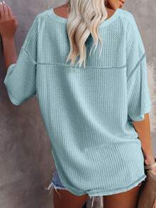 Nuevo top de camiseta mujer verano 2026, cuello en V, mangas de murciélago, textura waffle, suelto y color sólido. - azul claro - Ver 4