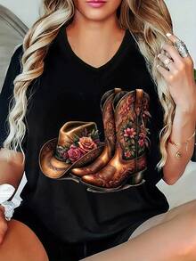 Talla Grande, Nueva Camiseta con Cuello en V 2025, Diseño Versátil Estampado, Manga Corta, Tejido Microelástico Laxo, Diseño de Moda Estampado Estilo INS - Negro - Ver 7