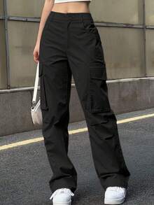 Casual Solid Color Minimalist Straight Leg Cargo Pants Black Spring - Black - View 2