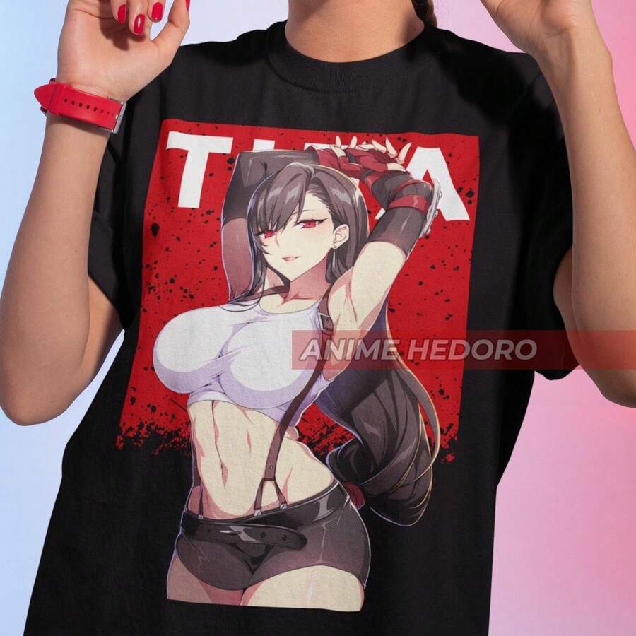 UniS1ex FFVII Tifa Gaming T-Shirt, Anime Waifu T-Shirt. Made From 220g Soft Cotton, This Premium, Durable, And Comfortable T-Shirt Is Suitable For All Body Types And Everyday Wear. Breathable And Lightweight, These Casual T-Shirts Are Perfect For Fall, Outdoor Activities, Travel, Vacations, And Various Themed Parties Throughout The Year. - 黑色 - 查看 1
