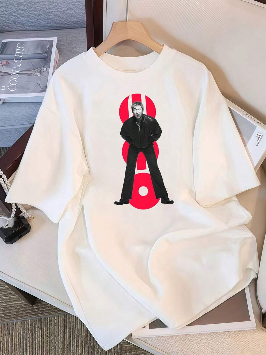 2026 T-Shirt, Graphic T-Shirt Portrait Red Circle Vertical BTS21 RM Kim Namjoon, Casual Oversized T-Shirt For ARMY Fans, Retro K-Pop Idol Bootleg Style Oversized T-Shirt, Vintage Graphic Print T-Shirt, Casual Short-Sleeved Top, Fan Merchandise, Black Streetwear T-Shirt For Fans, Vintage K-Pop Star Graphic T-Shirt, Short-Sleeved Oversized T-Shirt With Retro Lightning Bolt Letter Print, Casual Black Crew Neck Top, Gift For Streetwear Style Idol Fans, Comfortable Loose-Fit Cotton Blend T-Shirt For Women And Men. - White - View 1