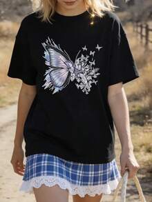 Women's Soft And Casual Short-Sleeved T-Shirt With A Round Neck, Featuring A Broken Butterfly Graphic Print, Suitable For Minimalist Everyday Wear. Black. - 黑色 - 查看 3