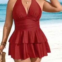 Swim Lushore Plus Size Solid Color V-Neck Ruffle Multi-Layer Hem Swimwear Dress Two Pieces Set, Fashionable Resort Style For Women For Summer Beach Vacation - Rojo - Ver 1
