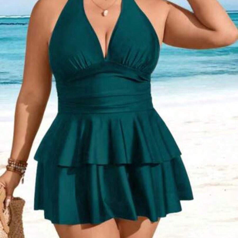 Swim Lushore Plus Size Solid Color V-Neck Ruffle Multi-Layer Hem Swimwear Dress Two Pieces Set, Fashionable Resort Style For Women For Summer Beach Vacation - Agua verde azul - Ver 1