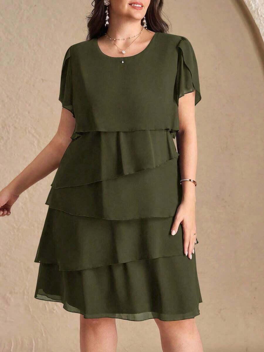 Reflora Vestido de moda con cuello redondo, mangas con volantes y estampado floral para mujer de talla grande - Verde militar - Ver 1