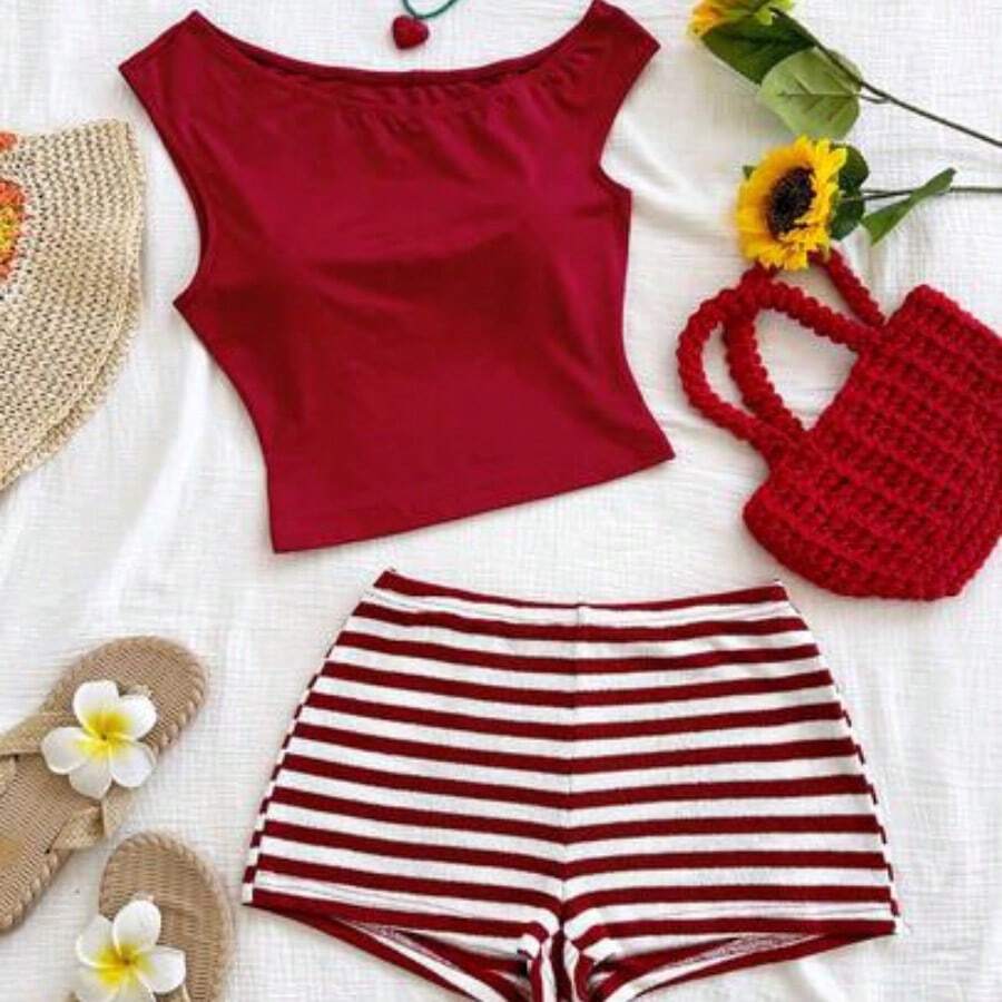 x Eduarda Gutierrez Conjunto de 2 piezas para mujer con top corto de punto a rayas y shorts ajustados de tiro súper bajo, atuendo adecuado para vacaciones, fiestas, Navidad, San Valentín, citas, playa, crucero, carnaval, Pascua, Año Nuevo Chino - Caqui - Ver 1