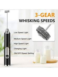 1件裝手持式電動奶泡器，黑白配色，適用於咖啡、牛奶、雞蛋、熱巧克力，附2個可替換不鏽鋼攪拌頭，3段速度調節，USB充電 - 彩色 - 查看 3