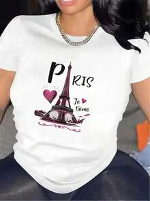 Short Sleeve T-Shirt For Women Featuring A Paris Eiffel Tower Design, Made Of Durable Polyester Fiber, Perfect For Casual Wear At Home Or Dining Out, Lightweight And Comfortable, Ideal For Everyday Use - Vintage Street Style Unisex Loose Fit Cotton Short Sleeve Crew Neck T-Shirt 100% Pure Cotton - 白色 - 查看 7