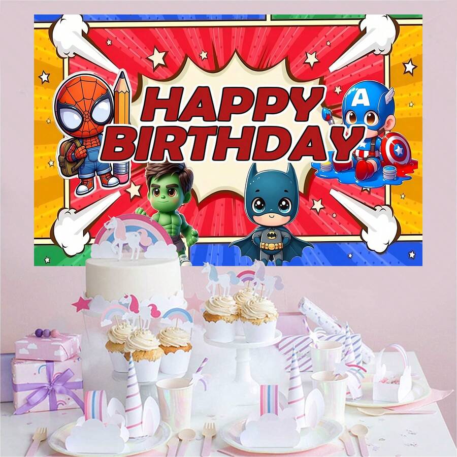 正版卡通超级蜘蛛侠盾牌绿巨人英雄可爱生日派对用品趣味装饰背景布装饰卡通动画摄影背景横幅拍照道具,尺寸:82.7*59.1/59.1*39.4/39.4*29.5 英寸 - 彩色 - 查看 1